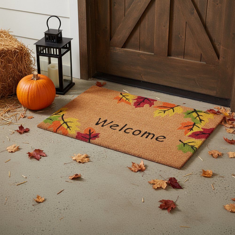 17" X 29" Natural Red and Yellow Coir Leaves Welcome Outdoor Fall Door Mat