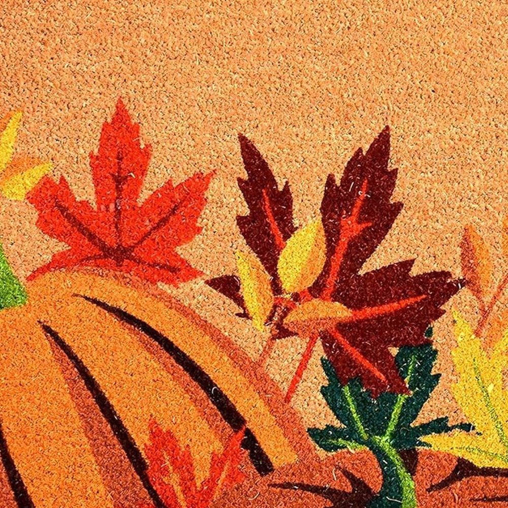17" X 29" Natural Orange and Green Coir Pumpkins and Leaves Outdoor Fall Door Mat