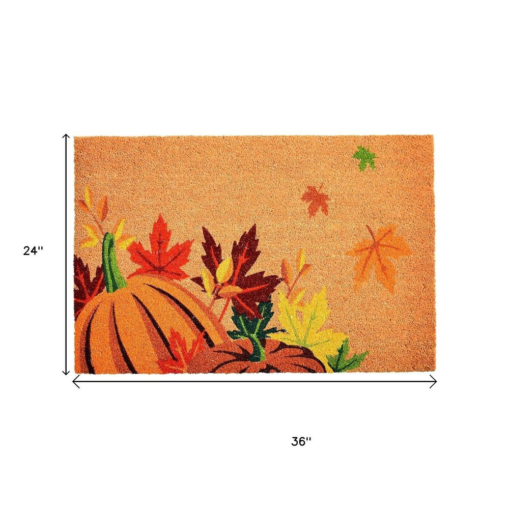 17" X 29" Natural Orange and Green Coir Pumpkins and Leaves Outdoor Fall Door Mat