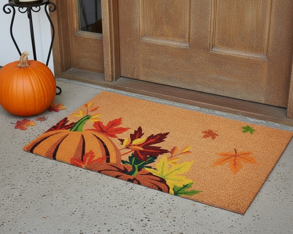 17" X 29" Natural Orange and Green Coir Pumpkins and Leaves Outdoor Fall Door Mat