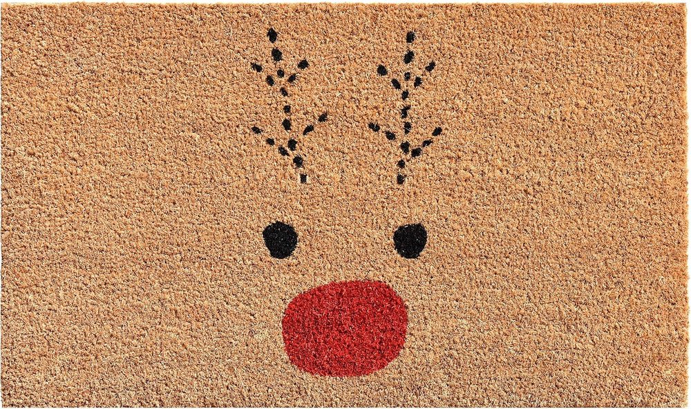 17" X 29" Natural Black and Red Coir Reindeer Outdoor Christmas Door Mat