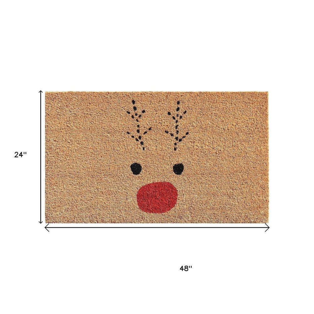 17" X 29" Natural Black and Red Coir Reindeer Outdoor Christmas Door Mat