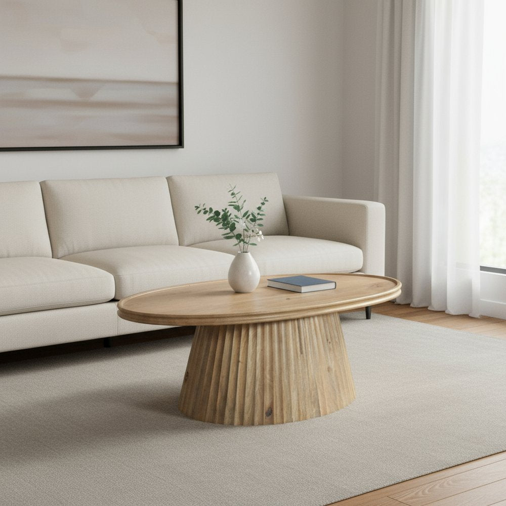 48" Light Brown Solid Wood Oval Pedestal Coffee Table