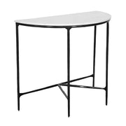 36" White and Black Genuine Marble and Iron Half Moon Console Table