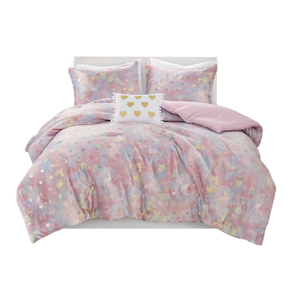 Rosalie - 3 Piece Twin/Twin Long Metallic Printed Plush Comforter Set With Throw Pillow - Pink Multi/Gold