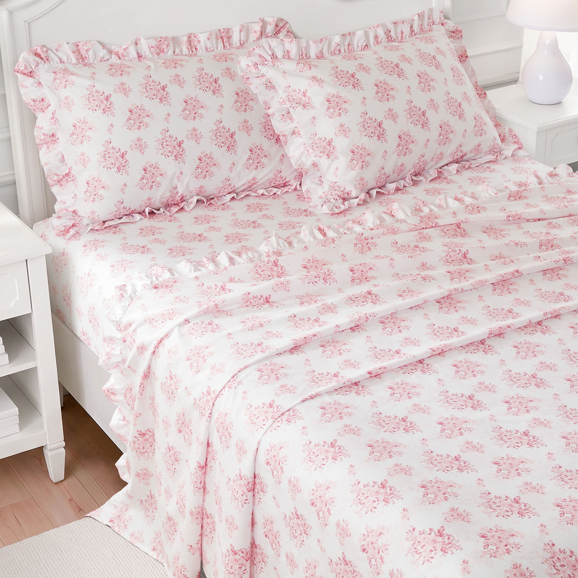 Microfiber Ruffle - Twin Long Sheets - Pink Floral