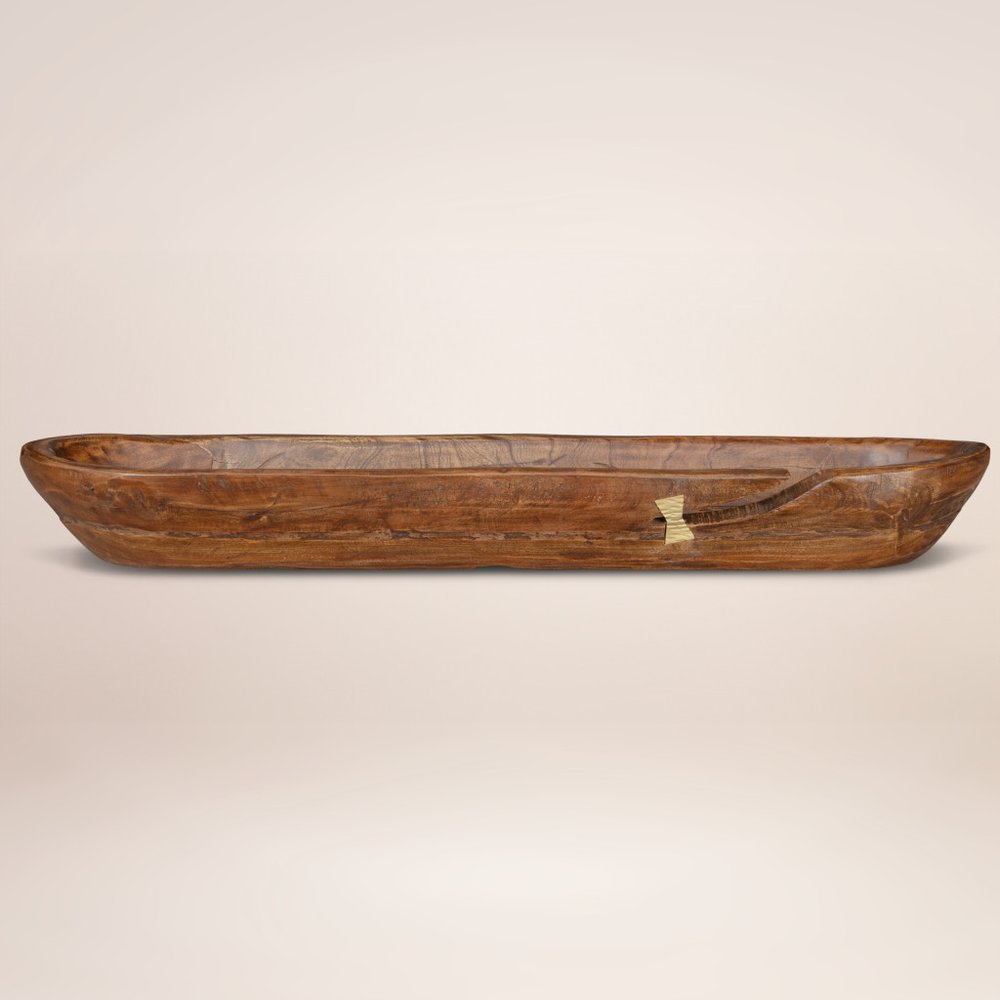 42" Brown And Gold Reclaimed Wood Asymmetrical Edge Oval Centerpiece Bowl