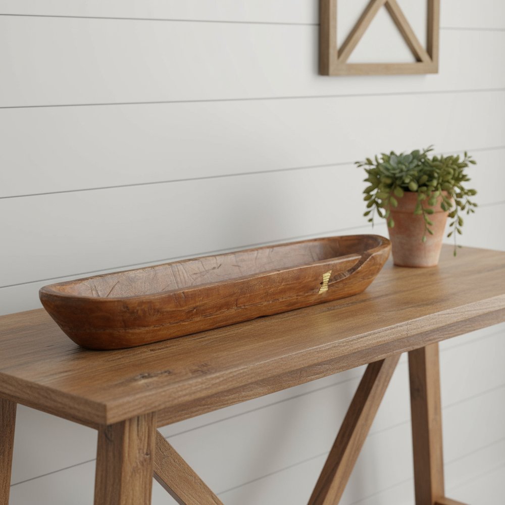 42" Brown And Gold Reclaimed Wood Asymmetrical Edge Oval Centerpiece Bowl