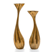 Set of Two Antiqued Gold Aluminum Wavy Faceted Tabletop Pillar Candle Holders