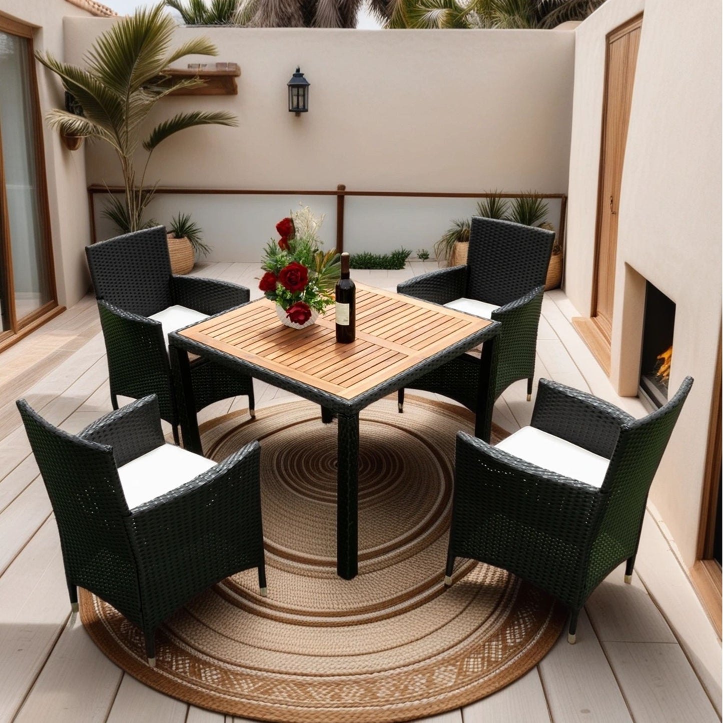Outdoor Patio Wicker Dining Set With Acacia Wood Top