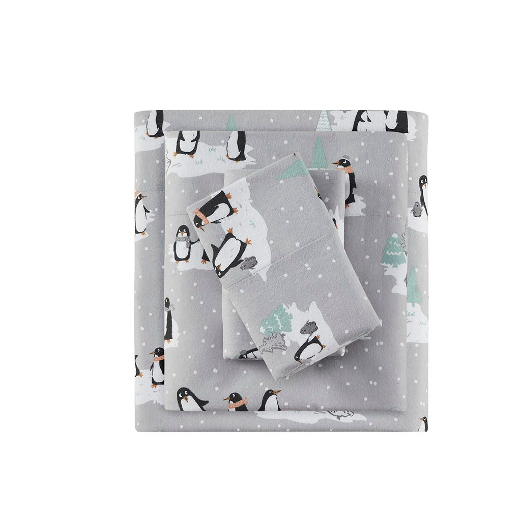 Cozy Flannel - Queen 100% Printed Sheet Set - Gray Penguins