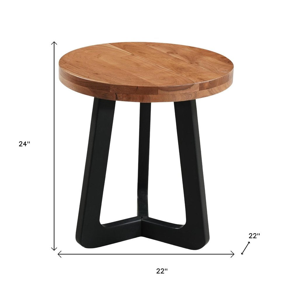 24" Brown and Black Solid Wood And Iron Round Cross Legs End Table