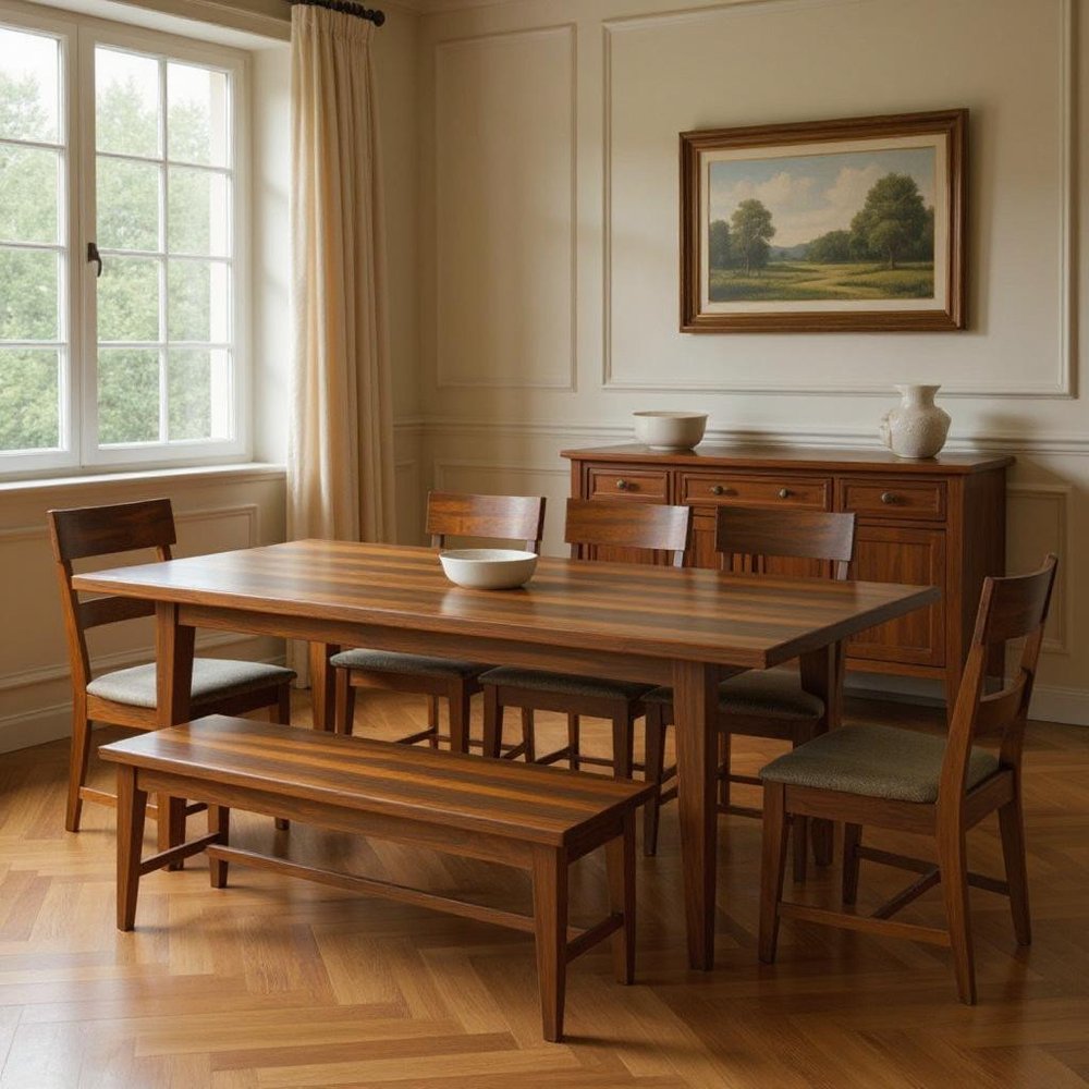 Nine Piece Brown Solid Wood Dining Set with Eight Chairs and One Bench