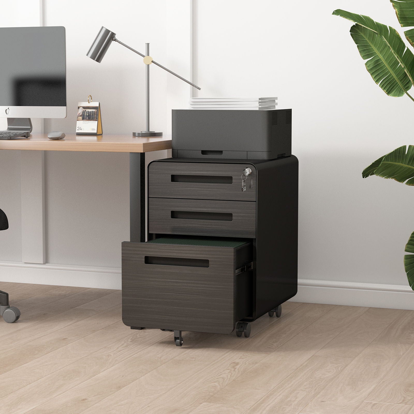 3 Drawer Mobile File Cabinet Under Desk Office, Simple Style Versatile Storage Cabinet For Legal / Letter / A4 Files, 5 Wheel Design Anti-Tilting Cold Rolled Steel Waterproof Moisture-Proof