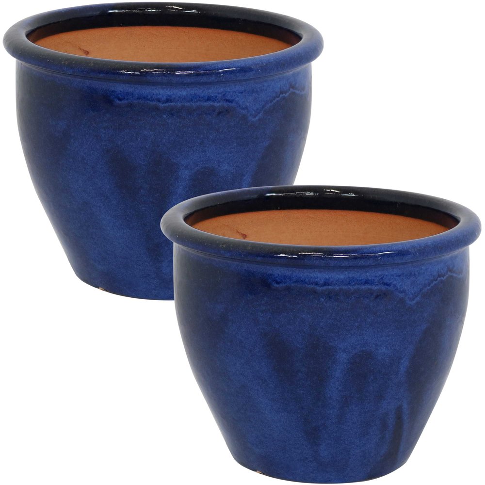 Set of Two Dark Blue Ceramic Round Pot Planter