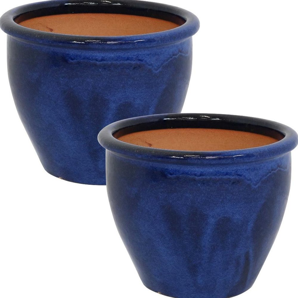 Set of Two Dark Blue Ceramic Round Pot Planter