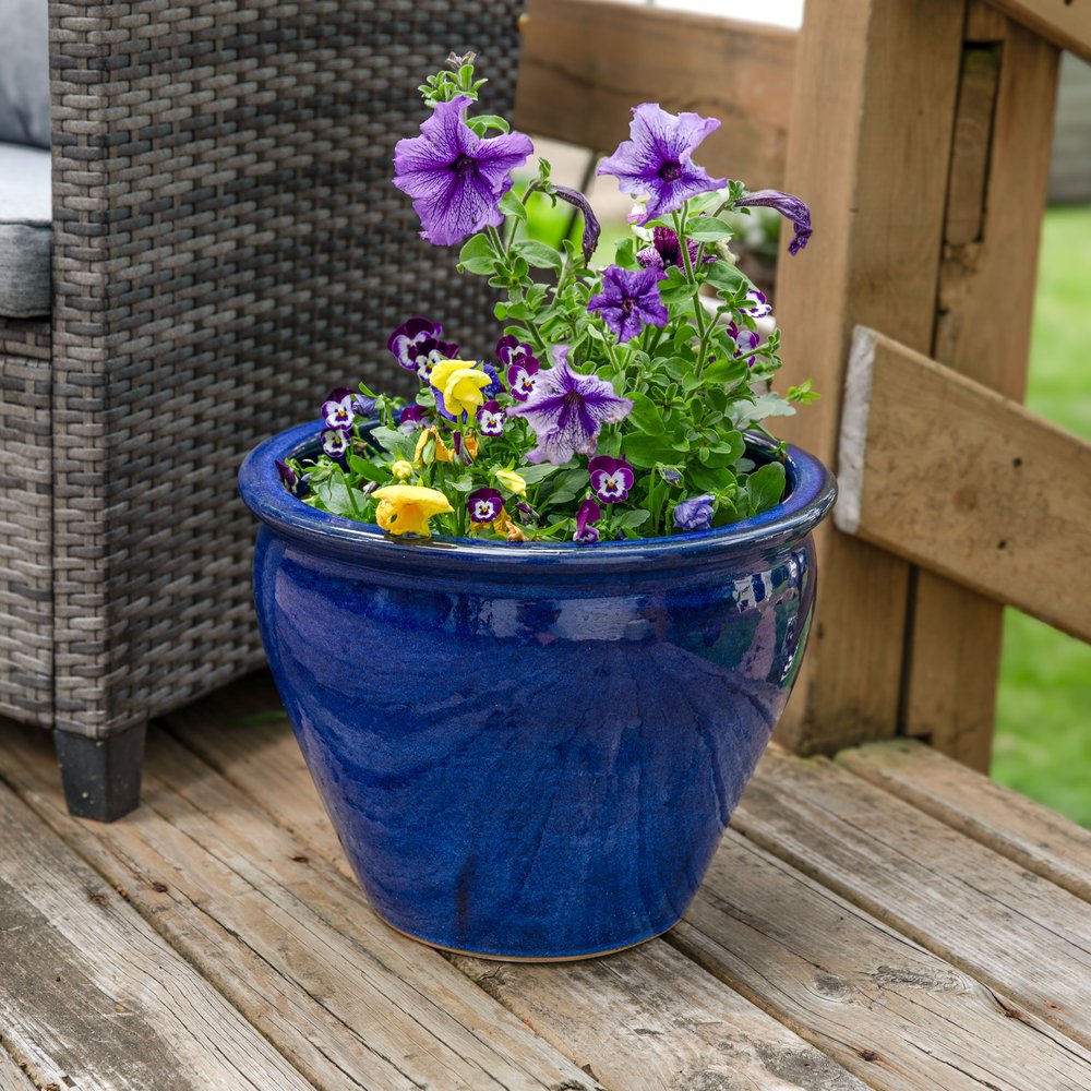 15" X 19" Dark Blue Ceramic Round Pot Planter