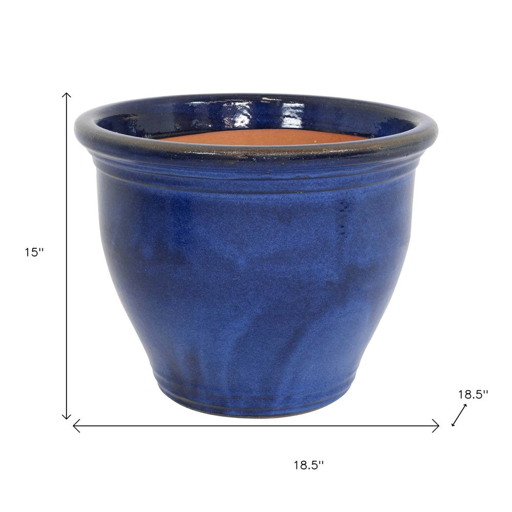 15" X 19" Dark Blue Ceramic Round Pot Planter