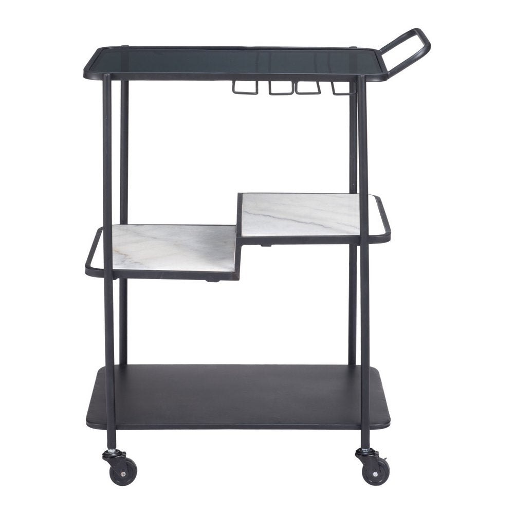 25" Black Steel and Faux Marble Glass Rolling Bar Cart