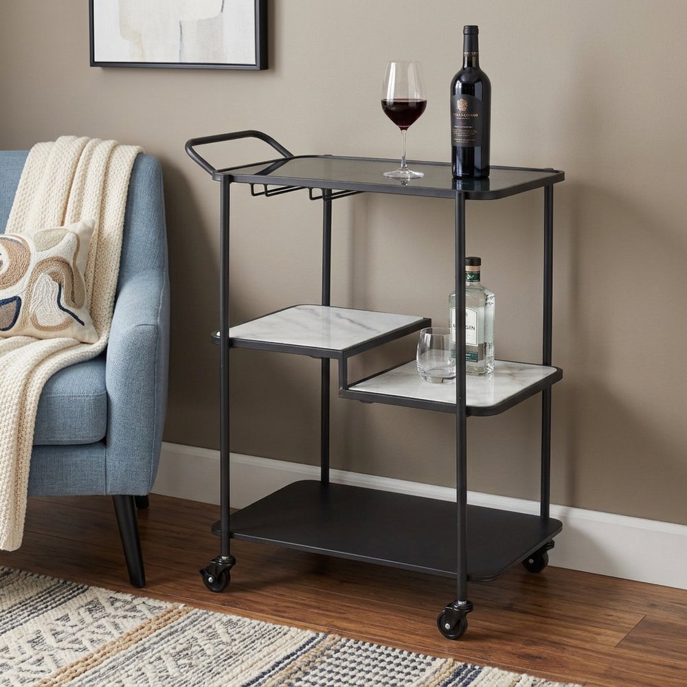 25" Black Steel and Faux Marble Glass Rolling Bar Cart