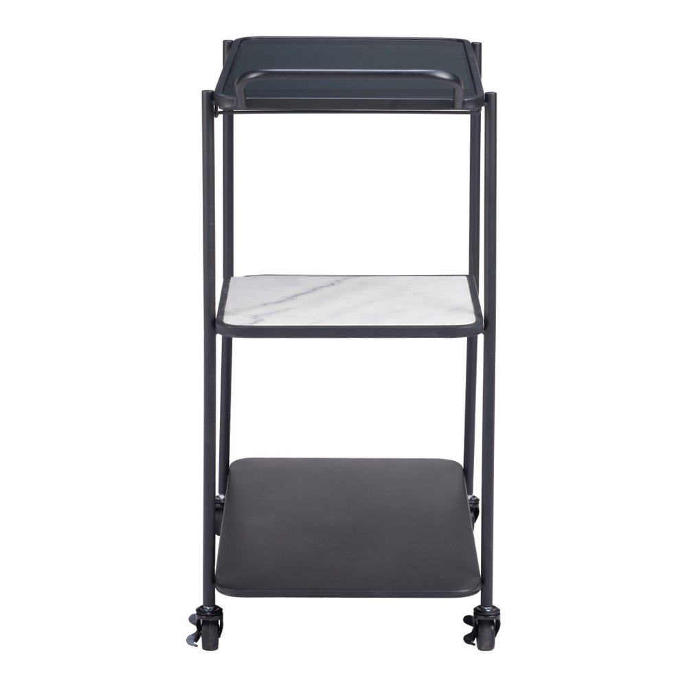 25" Black Steel and Faux Marble Glass Rolling Bar Cart