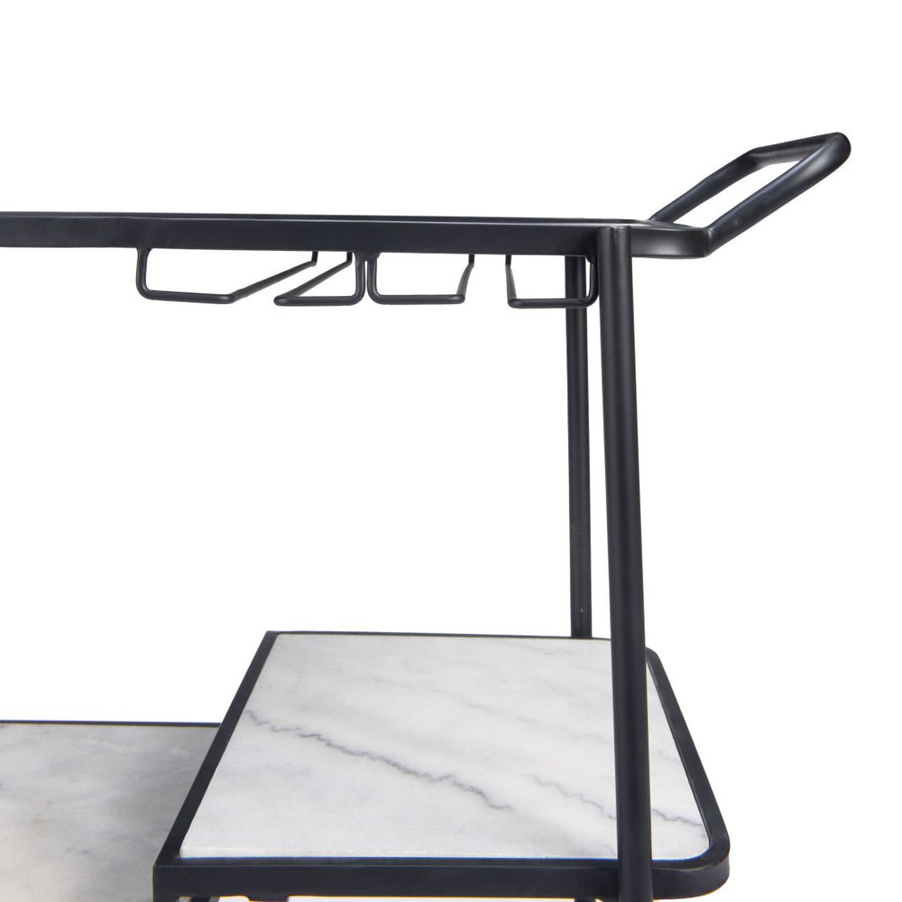 25" Black Steel and Faux Marble Glass Rolling Bar Cart