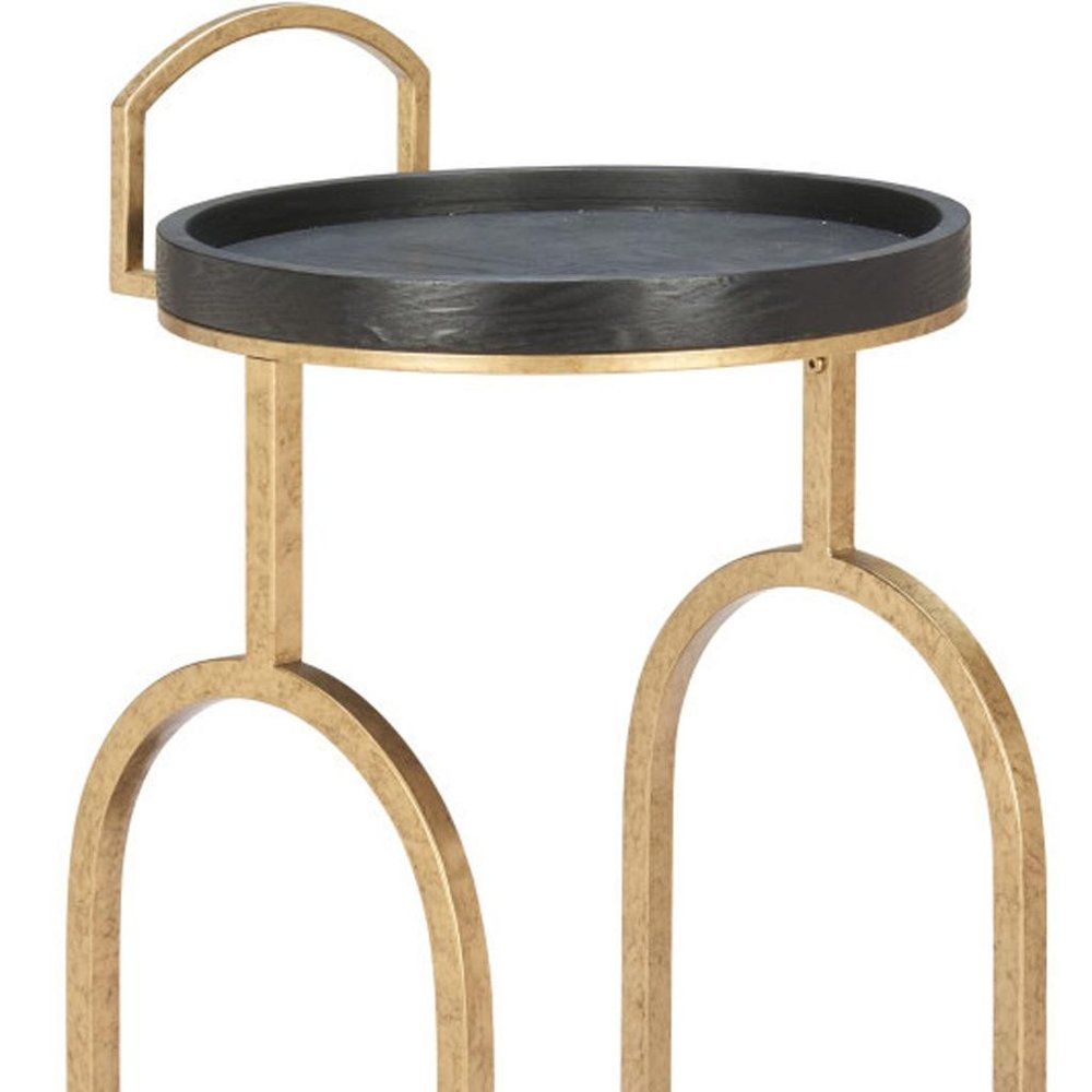 17" Black And Brass Steel and Solid Wood Distressed Round Rolling Bar Cart