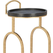 17" Black And Brass Steel and Solid Wood Distressed Round Rolling Bar Cart