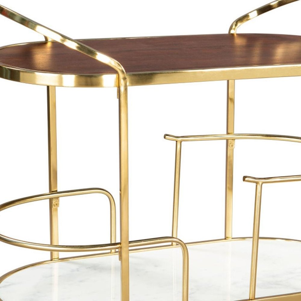 32" Brown Gold And White Iron Solid Wood and Marble Oval Rolling Bar Cart
