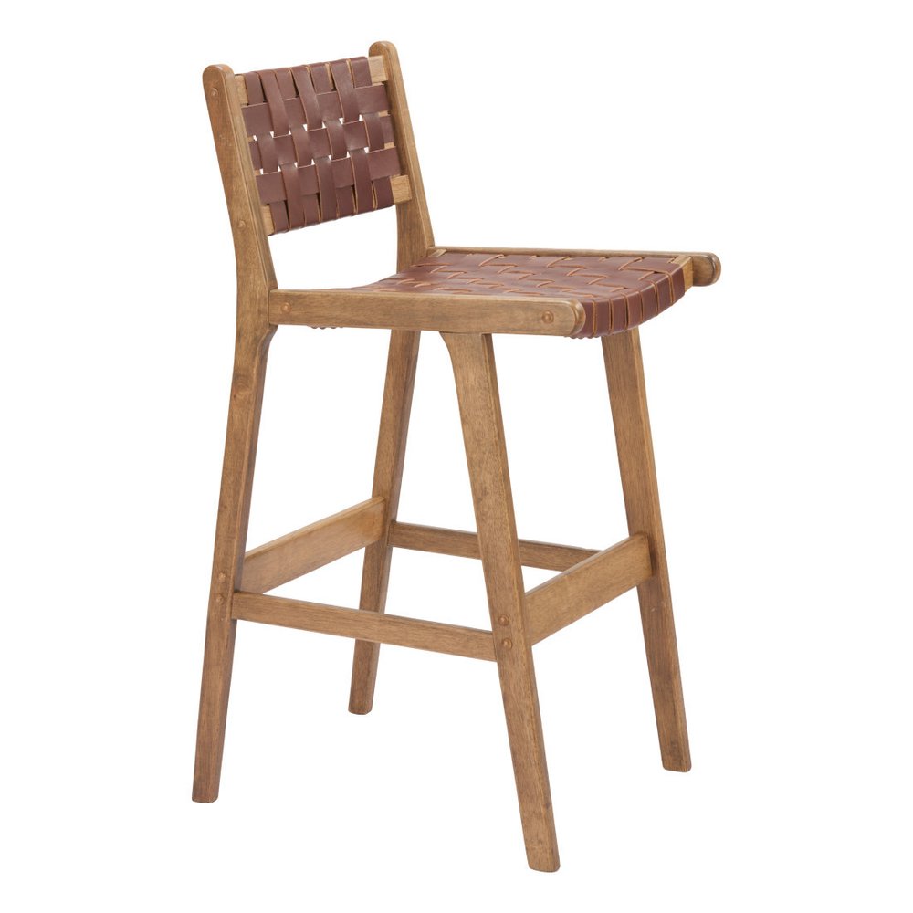 Set of Two 29" Brown Leather and Solid Wood Low Back Bar Height Bar Chairs