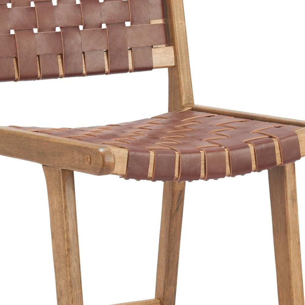 Set of Two 29" Brown Leather and Solid Wood Low Back Bar Height Bar Chairs
