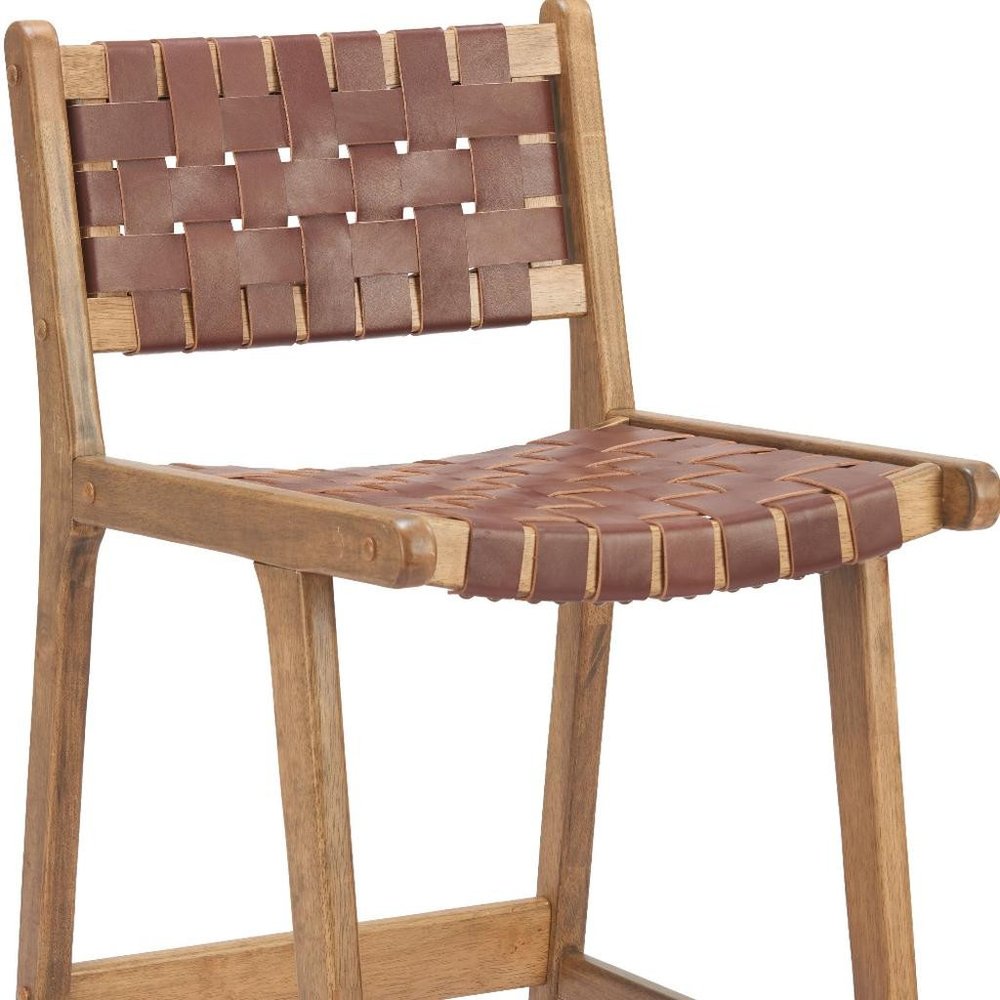 Set of Two 29" Brown Leather and Solid Wood Low Back Bar Height Bar Chairs