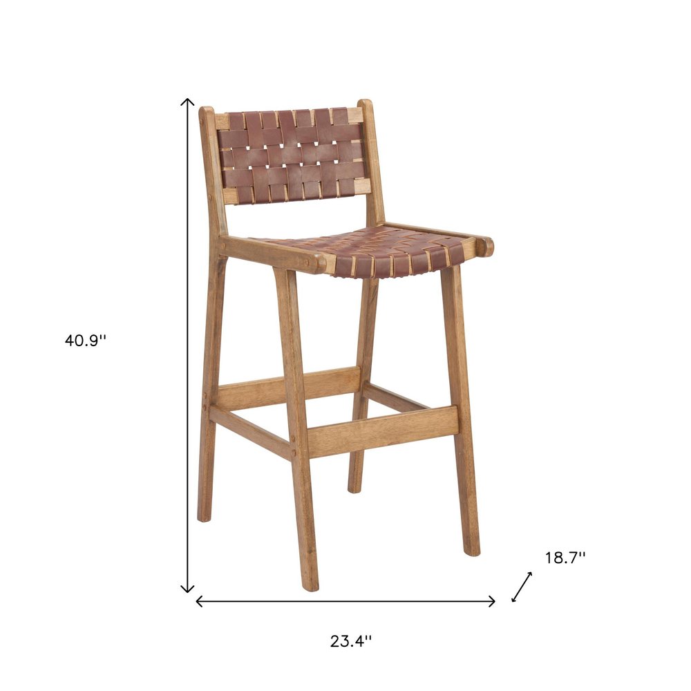 Set of Two 29" Brown Leather and Solid Wood Low Back Bar Height Bar Chairs