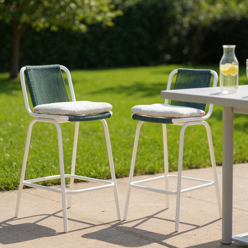 Set of Two White and Green Woven Back And Aluminum Counter Height Bar Chairs