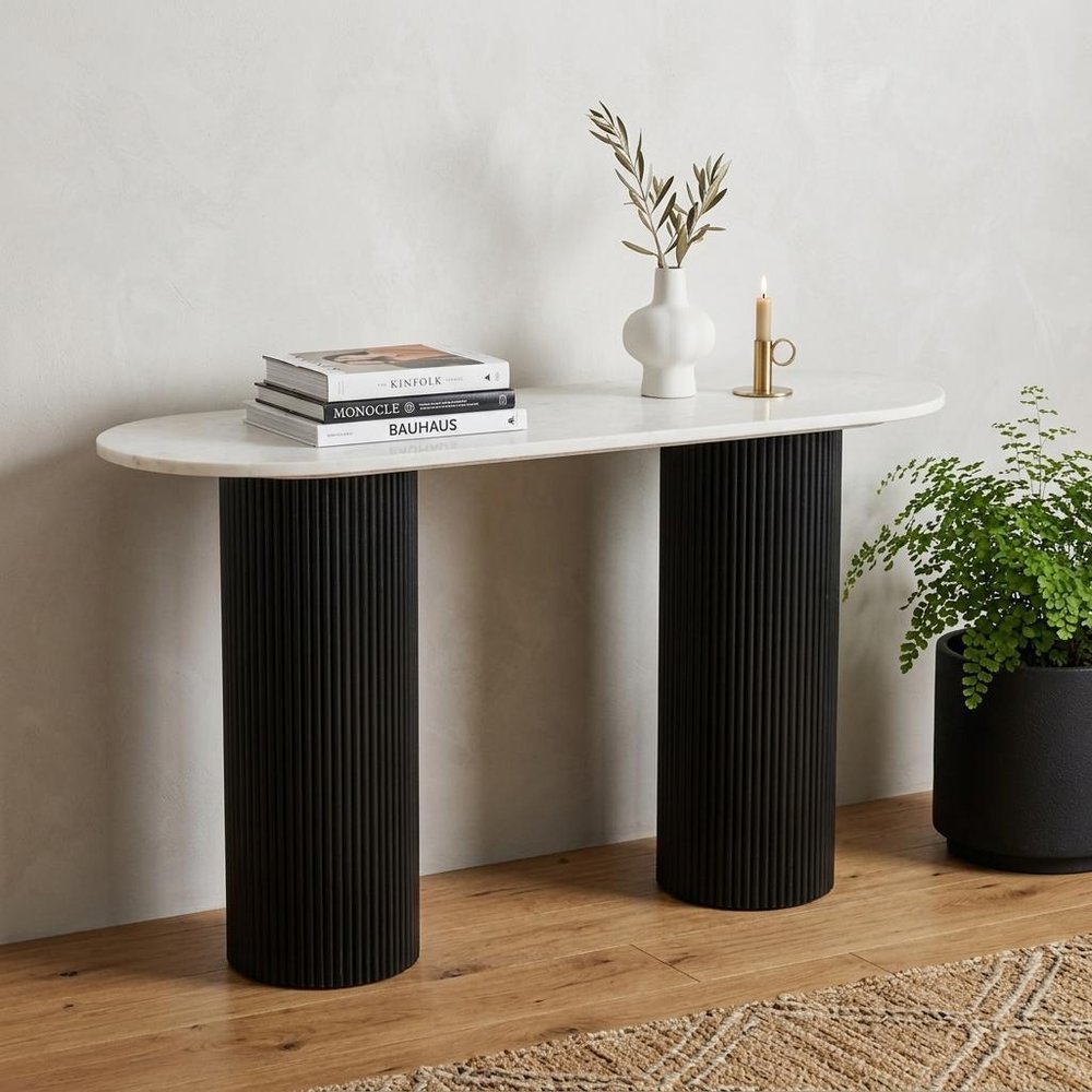 52" White and Black Genuine Marble and Solid Wood Oval Double Pedestal Console Table