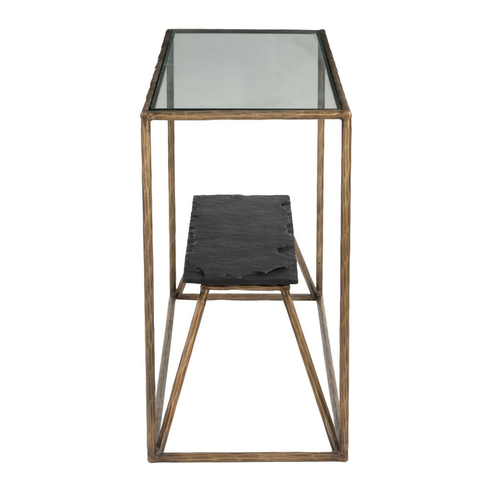 48" Clear and Brass Glass Iron and Stone Frame Console Table With Shelf