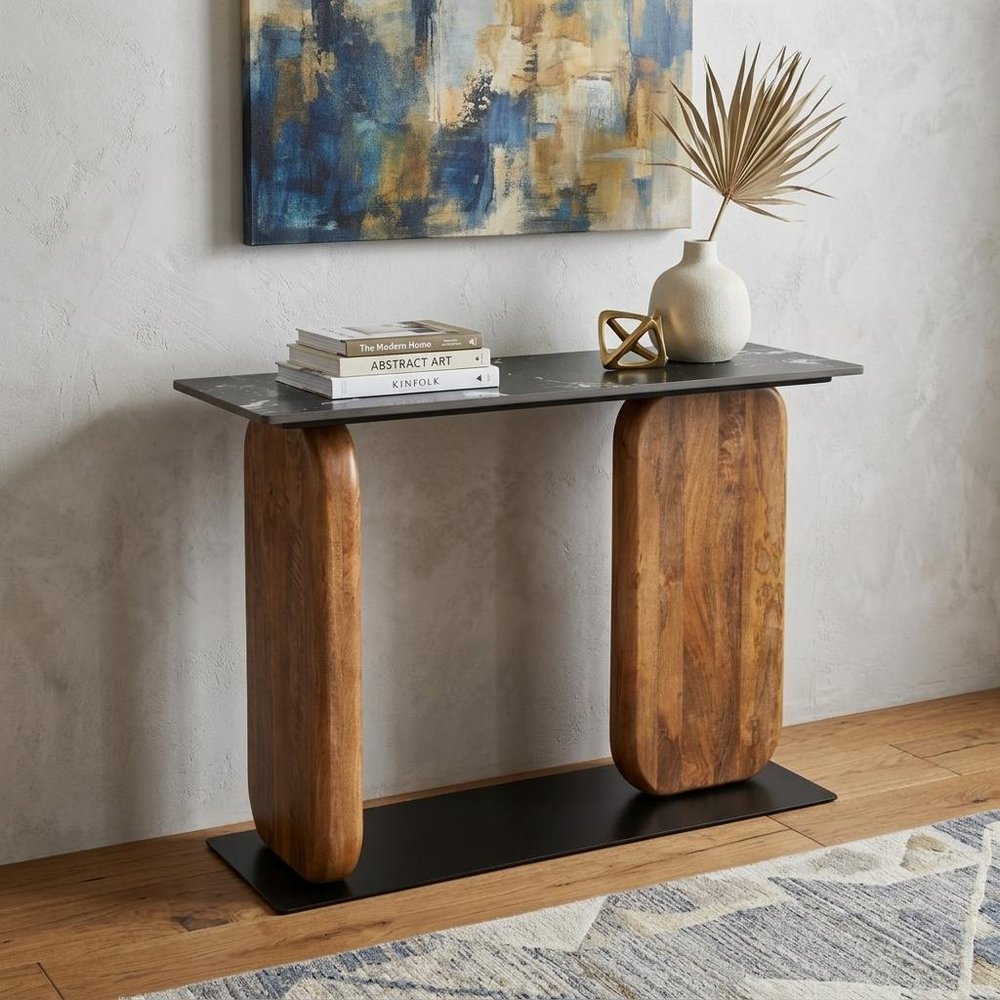 43" Black and Brown Genuine Marble and Solid Wood Solid Console Table