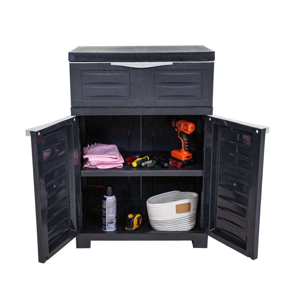 24" Charcoal Plastic Accent Cabinet With Two Doors And One Drawer