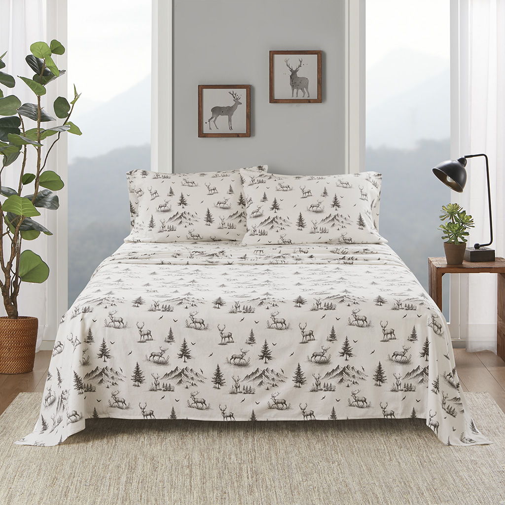 Flannel - 4 Piece California King Sheet Set - Gray Deer Toile