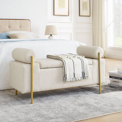 Elegant Upholstered Storage Bench With Cylindrical Arms And Iron Legs,