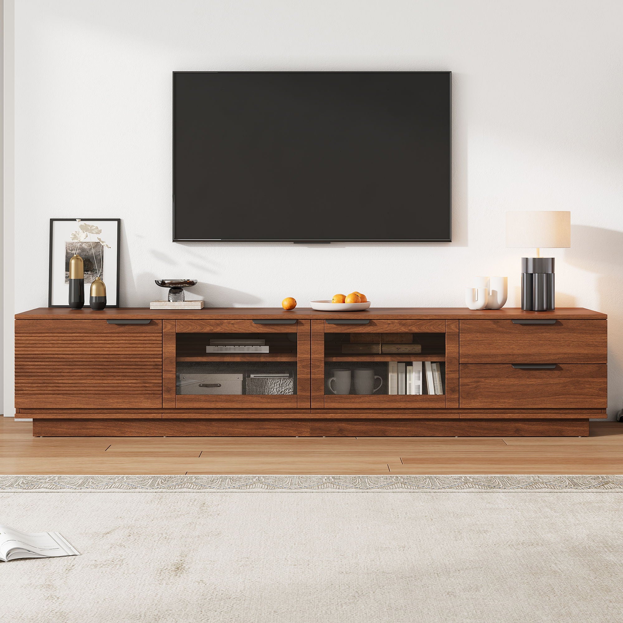 TV Stand With 2 Drawers, Doors & Cable Management, Soft Closing Hinges - Walnut