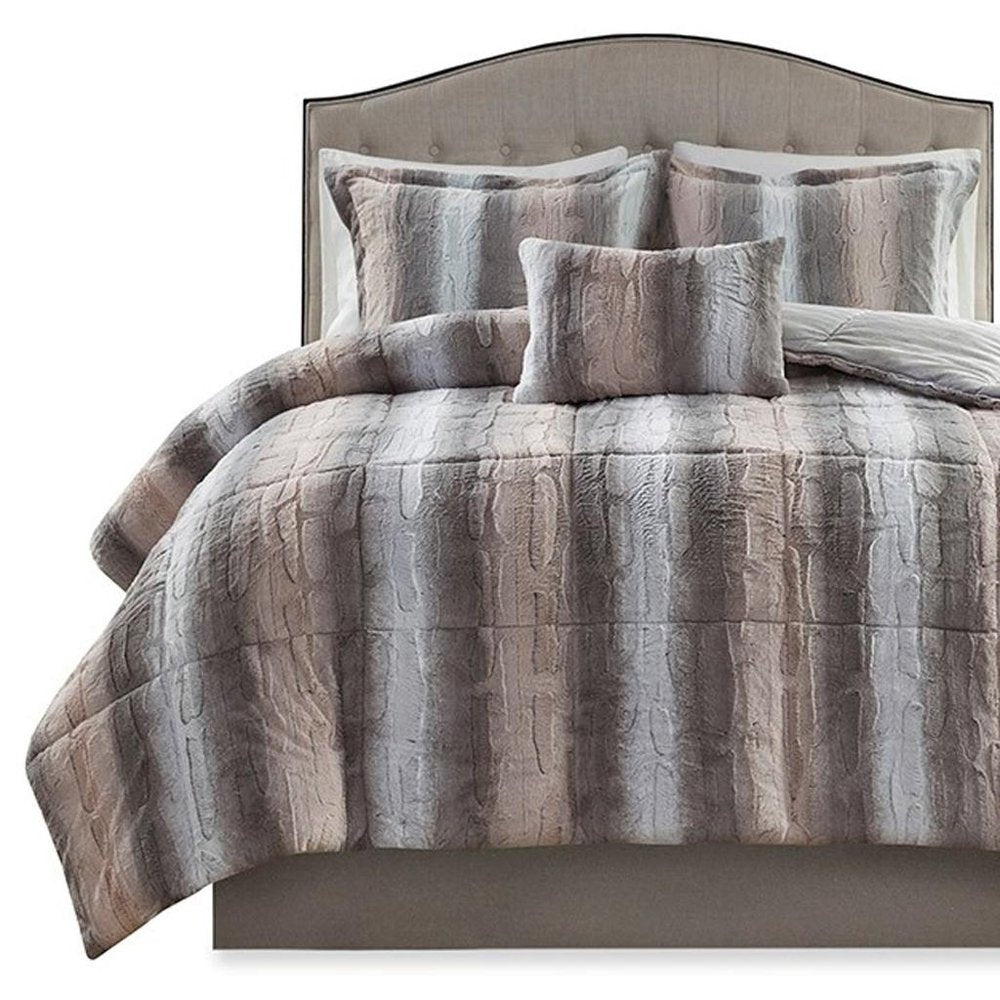 Set of Four Gray And Pink Striped King Ring Stitch Polyester Sham And Comforter
