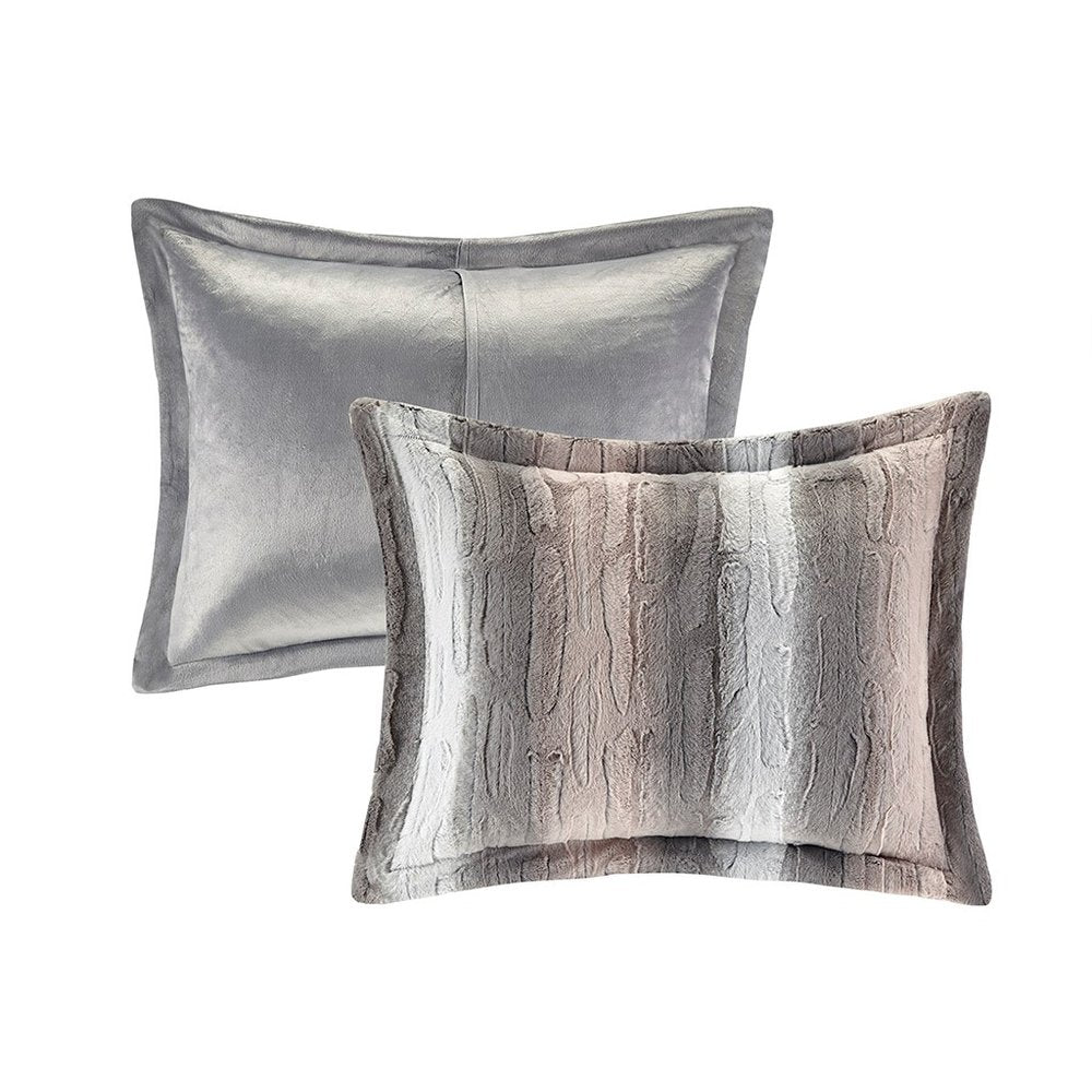 Set of Four Gray And Pink Striped Queen Ring Stitch Polyester Sham And Comforter