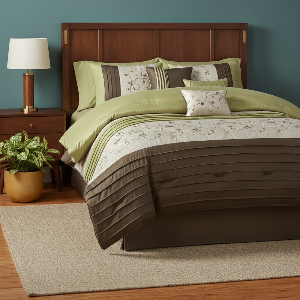Set of Seven Green And Brown Floral King Ring Stitch Polyester Sham And Comforter