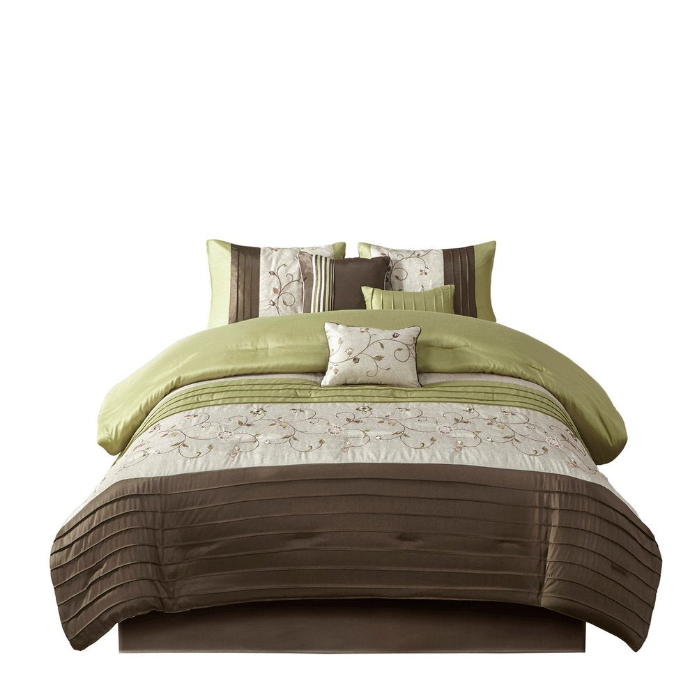 Set of Seven Green And Brown Floral King Ring Stitch Polyester Sham And Comforter