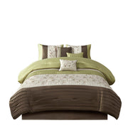 Set of Seven Green And Brown Floral King Ring Stitch Polyester Sham And Comforter