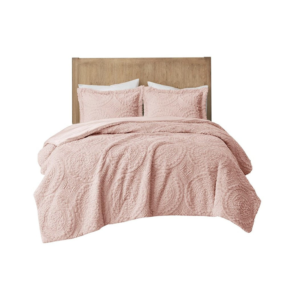 Set of Three Blush Medallion Twin Ring Stitch Polyester Sham And Comforter