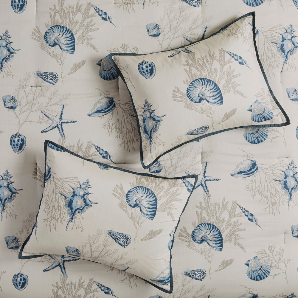Set of Seven Blue And Ivory King Ring Stitch Sham And Comforter