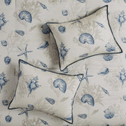 Set of Seven Blue And Ivory Shells and Starfish King Ring Stitch Comforter And Sham