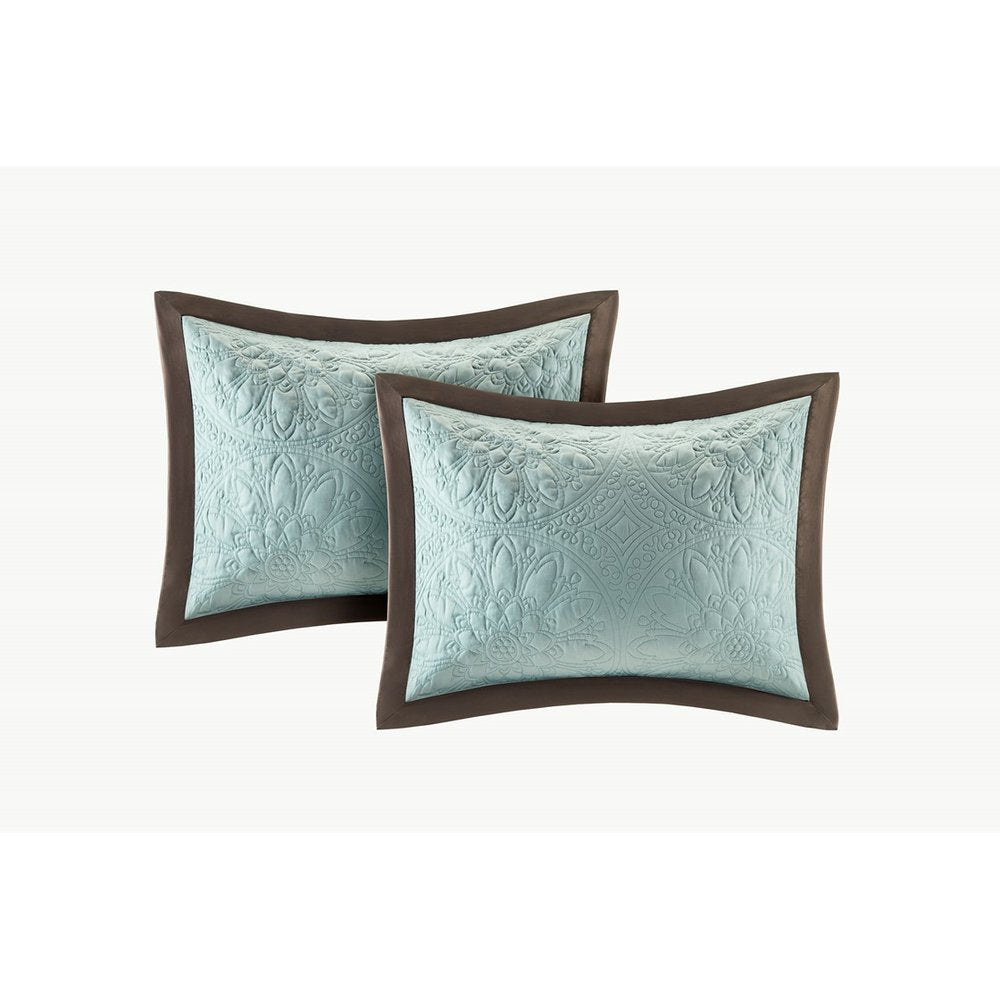 Set of Nine Ivory And Light Blue Medallion King Ring Stitch Polyester Sham And Comforter